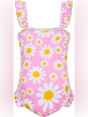 Girls Pink Daisy One-Piece Swimsuit with Ruffle Straps ADJUSTABLE SZ 5-6 Years